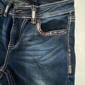 Grace in LA Blue Distressed color embroidered Jeans